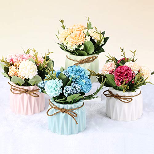 SUPNIU Artificial Hydrangea Bouquet with Small Ceramic Vase Fake Silk Variety Flower Balls Flowers Decoration for Table Home Party Office Wedding (Pink) - color: Pink