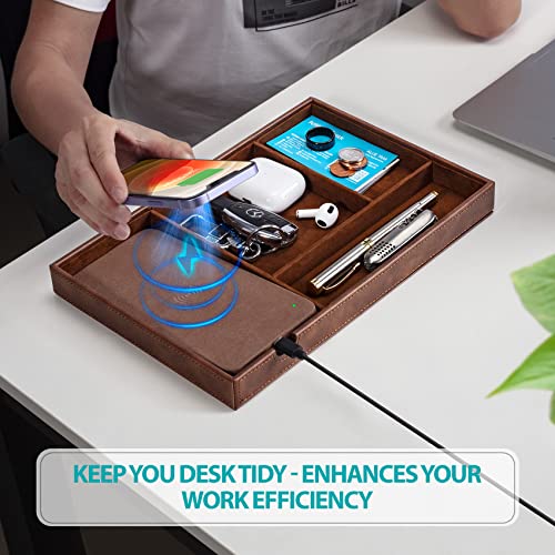 Valet Tray, Built in Wireless Charging Pad, Nightstand Organizer, Dresser Organizer, Mens Jewelry Box, Valet Charging Station, Faux Leather Valet Tray for Men and Women, Brown - color: Brown +Wireless