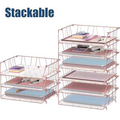 Simple Houseware Stackable Wide Entry Desk File Document Letter Tray with Liner, Wire Grid, 3 Packs, Rose Gold - color: Rose Gold, size: Wide Entry