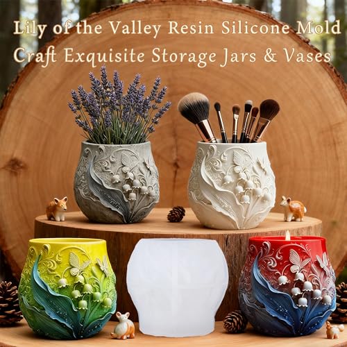 1 Pc Lily of The Valley Flower Epoxy Resin Jar Mold 3D Butterfly Candle Silicone Mold for Plant Flower Pot Candle Holder Jewelry Trinket Container Casting DIY Storage Craft Home Decoration - color: Flower Resin Mold