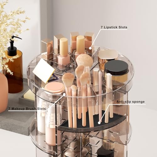 360 Rotating Makeup Organizer with Lipstick Slots, DIY 8 Adjustable Height Spinning Skincare Organizers, Brush and Perfume Storage Carousel, Cosmetic Display Case for Vanity Bathroom Countertop - color: Slot Top Coffee