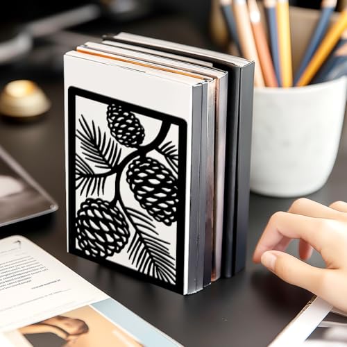 2 Pcs Decorative Metal Bookends, Pinecone Design Book Ends for Shelves Black Heavy Duty Book Stopper Suitable for Home Office School - style: Pinecone