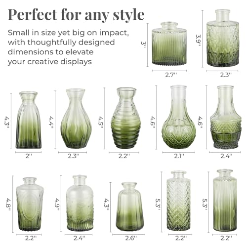 12 Pack Bud Vase in Bulk - BEAHOT Green Flower Vases for Wedding Decorations, Glass Vase for Table Decorations, Small Vase for Home, Mother's Day, Centerpieces, Party, Office (Green) - color: Green