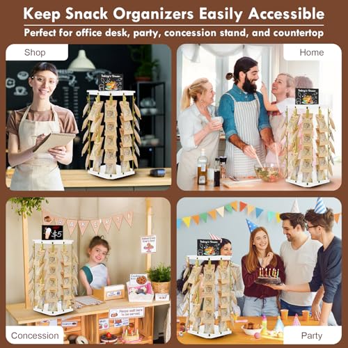 Pinzoveco Chip Rack Display Stand, 5 Tiers 40 Clips Snack Organizer for Office Desk, 360° Rotating Wooden Base Chip Holder Candy Display for Concession Stand, Countertop, Party, With Message Board - color: White & Gold