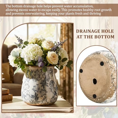 Ceramic Scroll Planter 6.5 Inch Chinoiserie Floral Vase with Drainage Holes Vintage Flower Vase Flower Pot Rustic Ceramic Pots for Indoor Plants Garden Home Bookshelf Decor(Retro Gray) - style: Retro Gray