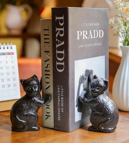 2Pcs Cats High-Five Decorative Bookends Antique Book End for Shelves Unique Cast Iron Book Stopper for Heavy Books Office Decor Modern Living Room Decor(Iron Cat) - color: Iron Cat 02