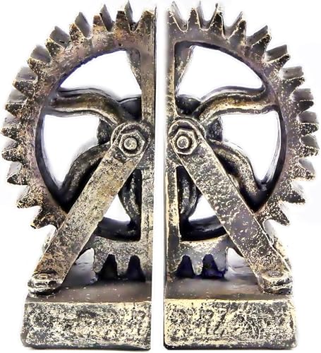 Bellaa 25662 Retro Decorative Bookend Gear Book Ends Industrial Science Rustic Vintage Unique Heavy Steampunk Statues Bookshelves Stopper Support Home Decor Accents - size: 7 inch x 4.5 inch x 3.3 inch