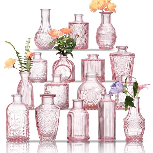 Glass Bud Vases Set of 16 - Pink Assorted Small Mini Glass Vases for Flowers, Crystal Vintage Vase Set, Bulk Centerpieces for Table Décor, Wedding, Home and Events (Pink, 16 Pcs) - color: Pink, size: 16 Pcs