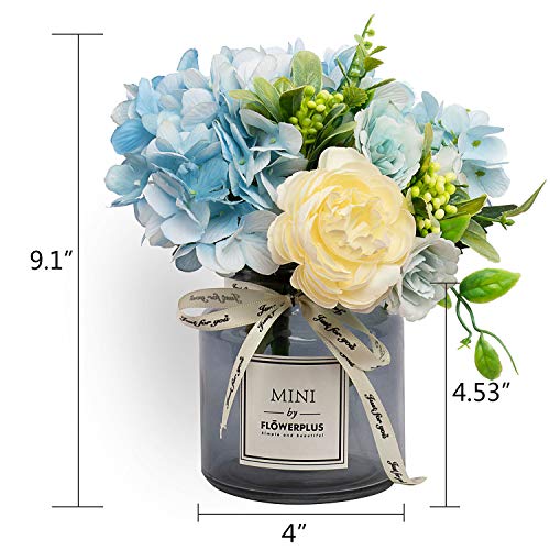 MOOMASS Artificial Flowers with Vase, Hydrangea Hand Bouquet and vase, Ins Style Artificial Flower Set, Suitable for Living Room, Dining Table, Office, Wedding, Hotel Banquet Home Decoration. (Blue) - color: Blue + Beige