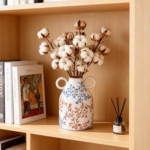 Blue Floral Ceramic Vase with Handle, Nordic Boho Small Vases Side Table Flower Centerpiece, Wide Mouth Single Flower Vase Pampas Grass Decorative - for Home Window Sill Living Dining Room Kitchen - color: Blue Floral