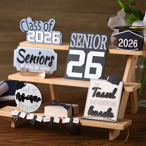 10 Pcs Graduation Tiered Tray Decor Set Senior Class of 2026 Table Decorations Senior Hat Gown Wood Sign for Tiered Tray and So the Adventure Begins Graduation Gifts for College Students - style: Graduation