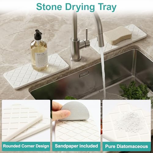 Small Fast Quick Dry Bathroom Counter Tray Water Absorbing Stone Trays for Sink Soap Dish Dispenser Sponge Holder Diatomite Stone Drying Mat for Kitchen Sink Tray White Bathroom Vanity Organizer Decor - color: White Quilted