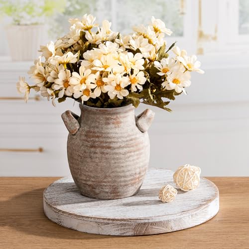 Vanselia Ceramic Flower Vase Home Decor - Farmhouse Table Vases with Handle Living Room Decoration Vintage Decorative Aesthetic for Shelf Coffee Dining Desk House Bookshelf Fireplace (6" Rustic) - color: 6" Retro