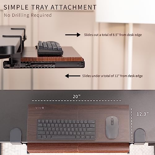VIVO Small Keyboard Tray, Under Desk Pull Out with Extra Sturdy C Clamp Mount System, 20 (26 Including Clamps) x 11 inch Slide-Out Platform Drawer, Dark Walnut Top, Black Frame, MOUNT-KB05ES-D - color: Dark Walnut, size: 20 inch