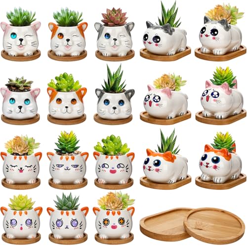 Cindeer 18 Pcs 2.5 Inch Cat Ceramic Succulent Planter Pots – Cute Cat Small Pots with Drainage Hole and Bamboo Tray for Succulents, Cactus, Home Garden Office Desk Decoration Gift Ideas - style: Cat