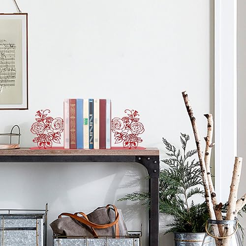 Cute Bookends, Unique Decorative Book Ends with Rose Design - Ideal Gift for Book Lovers, Fit for Library, Study, and Bookshelf Display (Red)