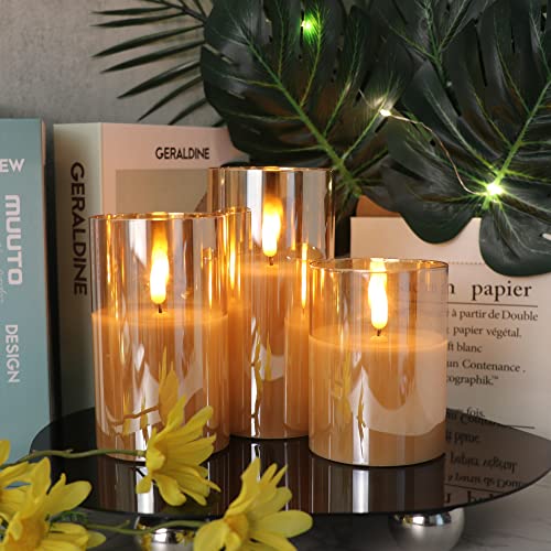 GenSwin Flameless Led Candles Flickering Battery Operated with Remote, Real Wax 3D Wick Moving Pillar Candles with Timer Remote Glass Effect for Festival Wedding Christmas Home Decor(Gold) - color: 3-Gold