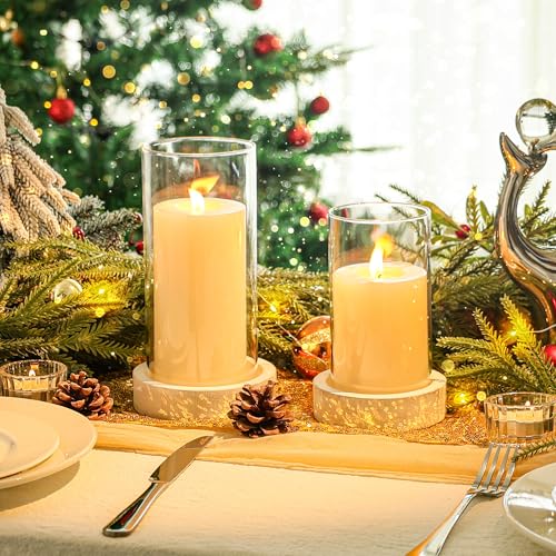 Ronasip Set of 2 Hurricane Candle Holders with Wood Base & Glass Cylinder (4.2x5.9” & 4.6x7.8”) – Rustic Wooden Candle Holders for Home Decor, Weddings, Table Centerpieces (2, White) - color: White