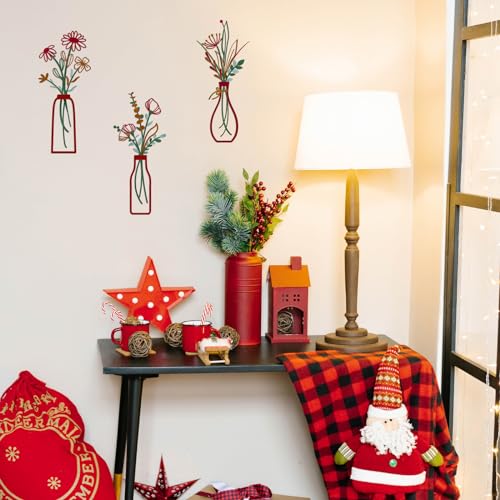Pigort 3 Pieces Metal Vase Flowers Wall Arts - Rustic Farmhouse Style Décor Metal Wall Art Black Minimalist Flower Natural Themed Wall Decors for Home Bedroom Dining Room Housewarming (Red, Vase-C) - color: Red