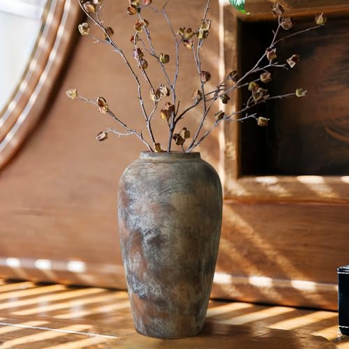 12 Inch Vintage Farmhouse Decor Ceramic Rustic Vase, Handmade Brown Flower Vases for Centerpieces, Living Room & Kitchen Shelf Decorative Pottery Vase for Home Decor - color: Brown, size: Small