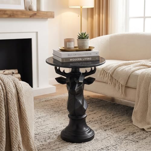 Deer Side Table for Living Room - 20" Faux Marble Top Accent End Table with Hand-Carved Resin Deer Statue Base - Modern Round Bedside Table for Bedroom, Patio, Entryway,Gift - Tool-Free Setup - color: Black Deer