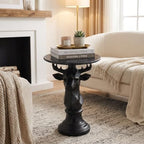 Deer Side Table for Living Room - 20" Faux Marble Top Accent End Table with Hand-Carved Resin Deer Statue Base - Modern Round Bedside Table for Bedroom, Patio, Entryway,Gift - Tool-Free Setup - color: Black Deer