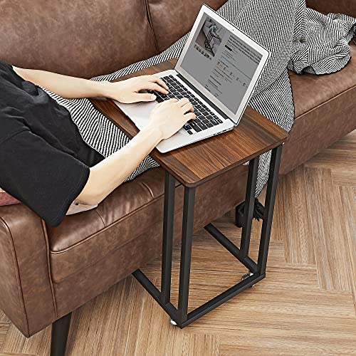 VASAGLE End Table, C Shaped TV Tray with Metal Frame Rolling Casters, Industrial Side Table for Living Room Bedroom, 19.7 x 13.8 x 23.6 Inches, Dark Walnut and Black - color: Dark Walnut + Black