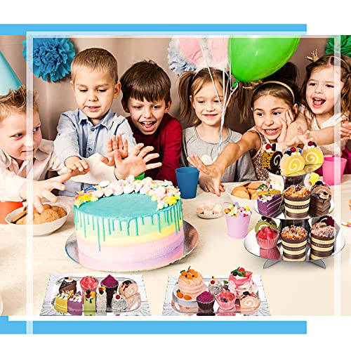 Zopeal 7 Pcs Dessert Table Display Set 3-Tier Cupcake Stand 1-Tier Cup Cake Display Tower Platters and Serving Trays Cardboard Cake Cookie Holders for Wedding Birthday Party Baby Shower(Silver) - color: Silver