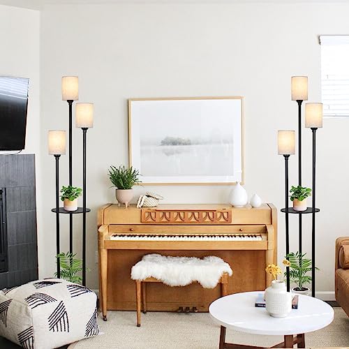 Floor Lamp with Shelves, Modern Floor Lamps for Living Room, 3-Lights Standing Lamp with Linen Shade and Foot Switch, Industrial Standing Lamps for Bedroom, Black Tall Table Lamp for Office - style: Black-Fabric Shade
