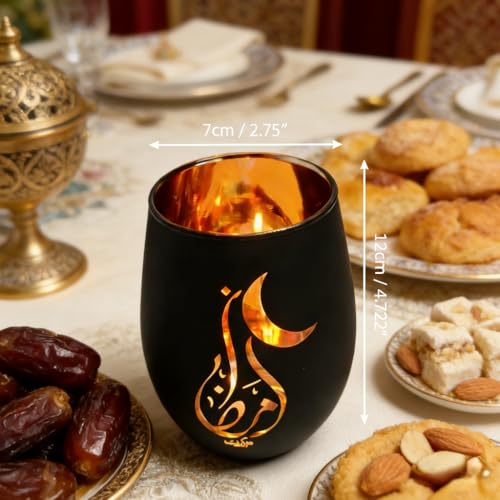Black and Gold Ramadan Decorations for Home, Artistic Calligraphy Glass Tealight Candle Holder, 4.72" Eid Mubarak Table Decor, Luxury Islamic Votive Gift for Ramadan Kareem, Iftar Centerpiece