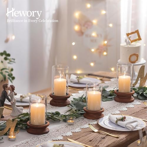 Hewory Hurricane Glass Candle Holder: 2PCS Rustic Brown Candle Holders for Pillar Candles, Vintage Decorative Wood Stand with Clear Glass Cover for Weddings Christmas Table Centerpiece Home Decor - color: Brown