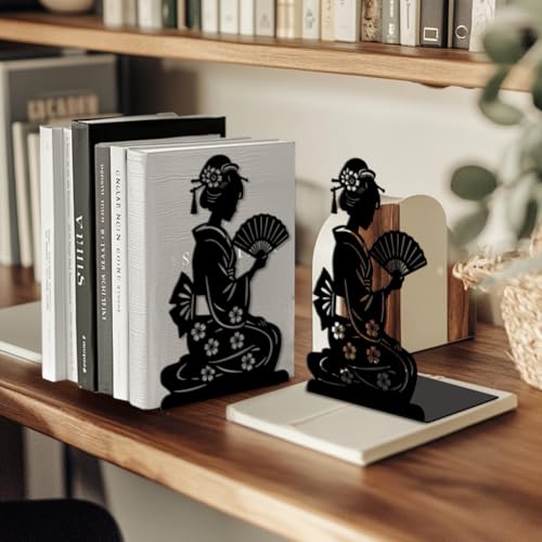 Peacoblue Metal Bookends for Shelves, Modern Decorative Heavy Duty Study Book Ends Stoppers for Office, Desk, Shelf, Room 5.3"x4.3"x7.9" Cast Iron Simple Tall Bookends 1 Pair (Geisha in Kimono) - style: Geisha in Kimono