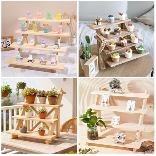 2 Pack 4 Tier Wooden Display Stand Riser Detachable Wood Earring Display Cupcake Stands Jewelry Display for Vendors with Groove or Jewelry Cupcake Vendors Retail
