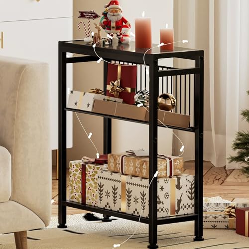 End Table for Small Space, 3-Tier Narrow Side Table with Magazine Holder, Nightstand, Skinny Snack Couch Table in Living Room, Bedroom Study and Balcony (Black) - color: Black