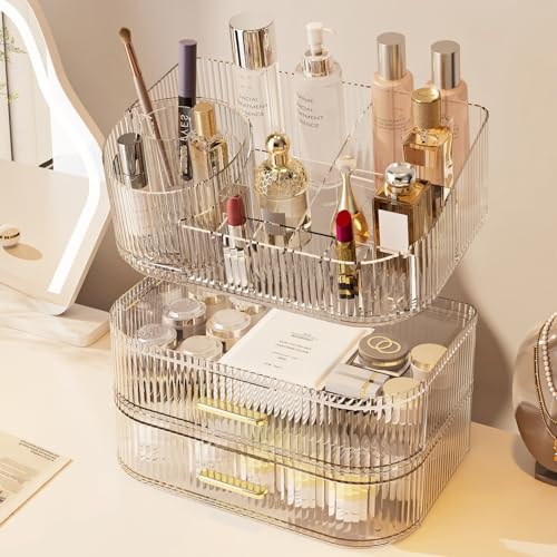 Makeup Organizer with Drawers and 360° Rotating Brush Holder, Large Capacity Cosmetic Storage for Vanity, Skincare, Perfume, Hair Accessories, Lipstick & Jewelry (Clear, 3-layer) - color: Clear, size: 3-layer