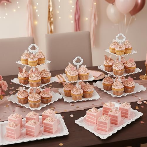 NWK 5 Piece Cake Stand Set with 2 x 3-Tier Cupcake Stands, 1 x2-Tier Cupcake Stands, 2 x Appetizer Trays, for Wedding Birthday Baby Shower Tea Party Decorations (White) - color: White