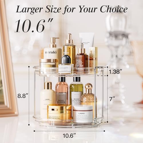 LAMU Rotating Makeup Organizer for Vanity, 10.6in 2 Tier Lazy Susan Turntable Stackable Spinning Skincare Organizer Cosmetic Perfume Tray Display for Bathroom Counterop, Large Capacity, Clear - color: Clear, size: 10.6in 1 Pack