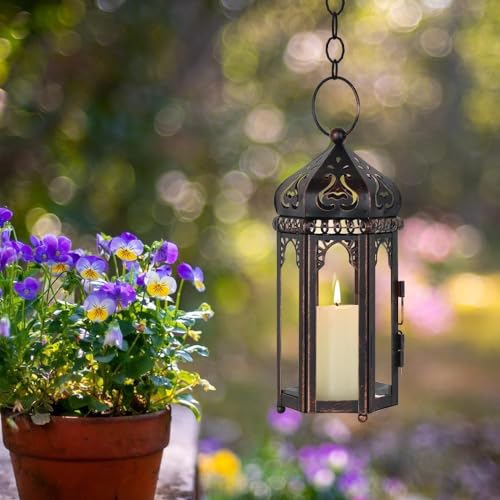 DECORKEY Vintage Medium Size Candle Lantern Decorative, Moroccan Style Vintage Hanging Lantern with Clear Glass, Metal Tabletop Lantern Decor, Indoor Outdoor Candle Holders for Coming Season - color: Clear 1, size: Medium