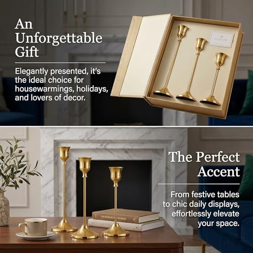 SylvaCraft Brass Gold Candle Holders Rustproof Taper Candlestick Holders for Holiday Party Table Centerpiece Wedding Fireplace Mantel Housewarming Gift(4 Sets(12 Pcs)) - size: 4 Sets(12 Pcs)