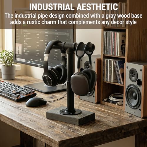 MyGift Adjustable Height Industrial Pipe Organizer Stand - Rustic T-Bar for Jewelry, Headphones, Medals, Kitchen Utensils & Display, Gray Wood Base (Black/Gray, Country Style) - color: Black / Gray