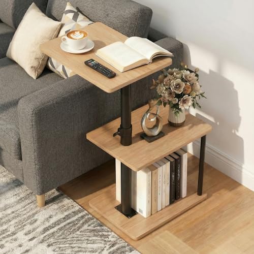 Faesun 360° Swivel Side Table for Height Adjustable, C Shaped End Table for Couch with Storage, 3-Tier Night Stand with Open Shelf, Tv Tray for Small Spaces, Living Room, Bedroom, Oak - color: Oak