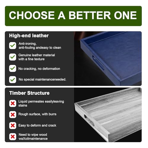 20 * 14 inches Leather Rectangle Serving Tray with Hole Handles,High-End Light Large Service Tray for Ottoman Tray, Tea, Food, Butler - Countertop, Kitchen,Family Dinner, Picnic (Blue) - color: Blue, size: 20" x 14" x 2"