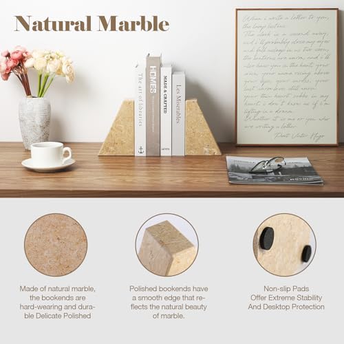 Karibiber Marble Bookend for Heavy Books, Decorative Bookends for Shelves, Durable and Heavy-Duty Book End for Hardback Book & CDS, Unique Book Stopper & Holder, Pearlly Yellow, Set of 2 - color: Pearlly Yellow