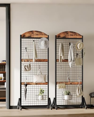 CHOEZON Grid Wall Panel 5.7' x 2' FT Grid Display Rack, 2 Pack Movable Gridwall Display Stand with 8 S-Shaped Hooks and 8 Garment Hooks, Floorstanding Wire Grid Rack, Rustic Brown and Black TCJ17P2BF - color: Rustic Brown and Black