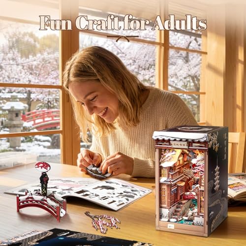 Fsolis DIY Book Nook Kit for Adults – Japan Booknook 3D Wooden Puzzles Japanese Winter Scene Miniature Model Mini Build House Craft Gift for Women Hobbies (Kyoto Snow Whisper) - style: Kyoto Snow Whisper