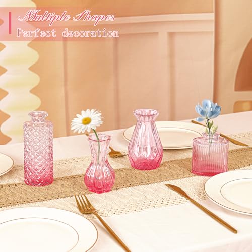 Set of 4 Glass Bud Vase Set, Small Vintage Clear Flower Vase Centerpieces for Table Bulk Cute Rustic Style Mini Vase for Home Decor Wedding Baby Shower Birthday Party(Ombre Pink) - color: Ombre Pink