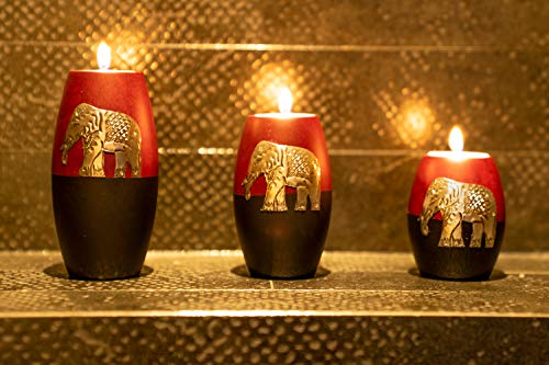 IYARA CRAFT 3 Wooden Candle Holders– Decorative Candle Holders with Inlaid Aluminium Antique Elephant – Intricate Details – Matte Wood Finish – Ideal for Modern & Rustic Settings (Rugby Shape)