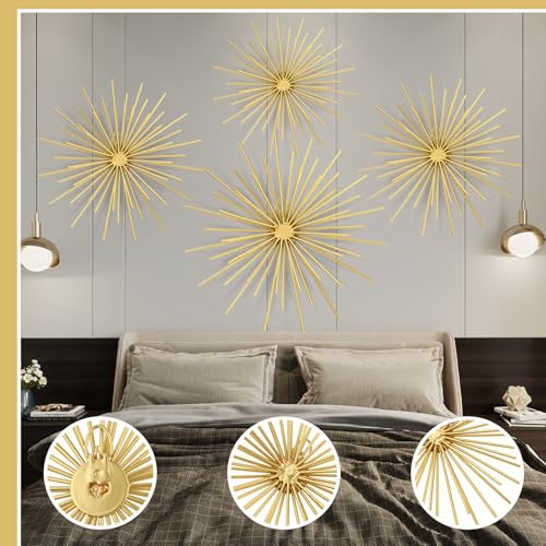 Shimeyao 4 Pcs Metal Starburst Wall Decor Gold Metal Wall Art 3D Spike Bling Finish Star Burst Hangings Accents Sculptures Set Modern Mid Century Decorations for Living Room Bedroom Entryway - color: Gold, style: Spike