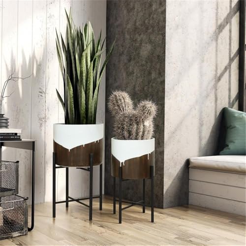 LuxenHome Modern Planter Pots, Set of 2 Planters for Indoor Plants, White and Brown Large Planters with Black Metal Stand, Flower Pots for Living Room, Office, Garden or Balcony, 10.25 & 12.5 Inch - color: E White Brown 12.5"+10.2"