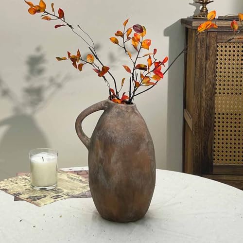 Ceramic Rustic Farmhouse Vase with Handle, 10.3 Inch Large Vintage Vase for Home Decor, Handmade Ceramic Flower Vases for Living Room, Kitchen, Office Farmhouse Centerpiece, Brown - color: Brown